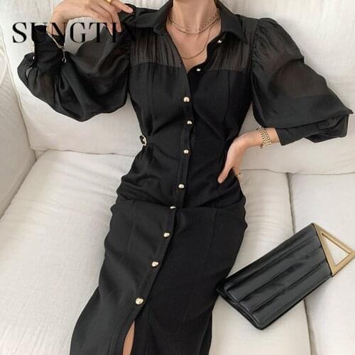 Sungtin Korea Office Lady Single Breasted Dress Women Loose Vintage Shirt Dresses Long Sleeve Black Shirt Vestidos Elegant OL
