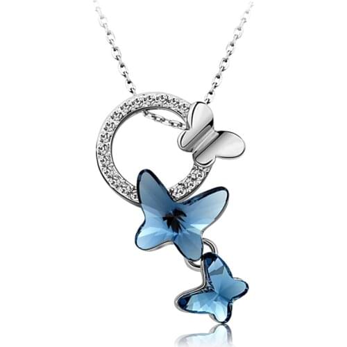 COCOM Korean Fashion Blue Butterfly Pendant Necklace with Crystal from Austria Cute Accessories for Women Girls Birthday Gift