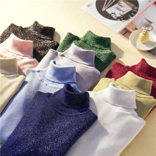 Winter Women Slim Sweaters 2020 Casual Fashion Turtleneck Long-sleeved Knitted Jumpers Female Korean Bright Silk Pullovers