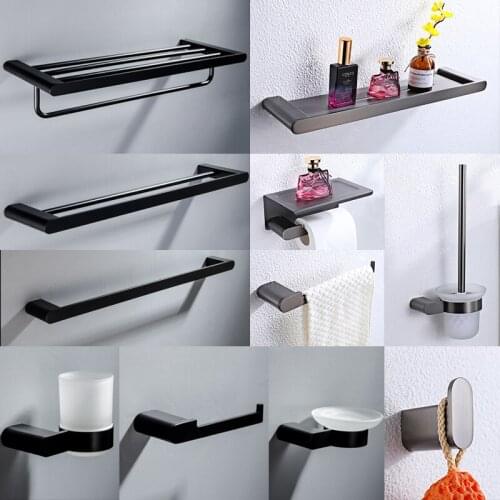 Gunmetal Gun Black Grey Bathroom Accessories Brush Holder Double Towel Bar Towel Hanger Paper Shelf Robe Hook Tumbler Holder Set