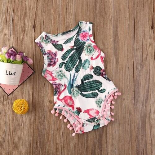 Baby Girl Cactus Print Ruffle Bodysuit Infant Sleeveless Tassel Balls Jumpsuit Newborn Outfits Clothes Baby Clothing