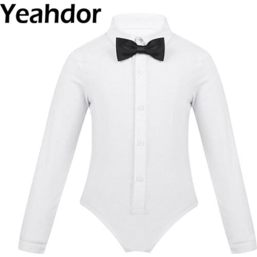 Kids Boys Latin Dance One-Piece Dance Costumes Child Long Sleeves Lapel Bowtie Romper Shirt Leotard Bodysuit Modern Dance Wear