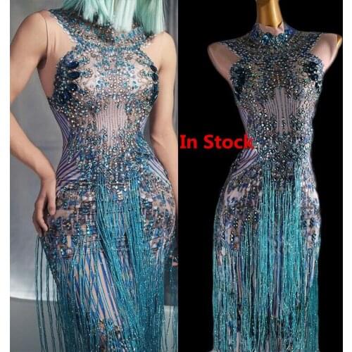 Sparkly Rhinestones Blue Tassels Skinny Long Dress Lady Singer Party Show Crystals Sleeveless Dress Birthday Celebration Costume