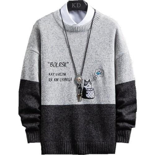 Autumn And Winter Jumper men Round neck Sweater Dress winter Patchwork print cat Slim Pullover Men Knitwear Men Clothing