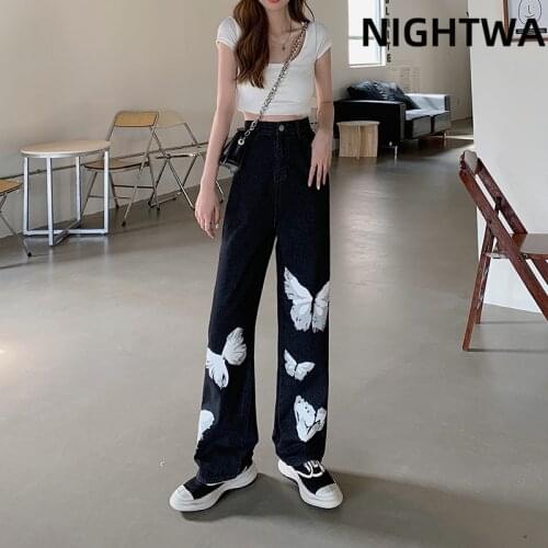 NIGHTWA Dark streetwear Wash Jeans Womens Spring 2021 Hot High Waist Trendy Straight Tube Wide Leg Butterfly print Denim Pants
