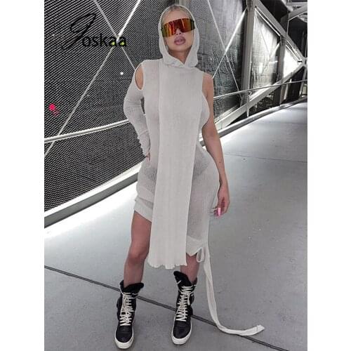 Joskaa Fashion See-through Irregular One Shoulder Hooded Skirt Sexy Single Long Sleeve Clothing Women 2021 Fall Party Clubwear