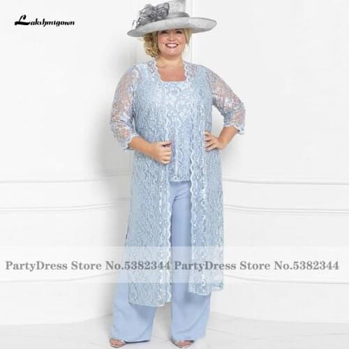 Lakshmigown Plus Size Mother Of The Bride Dress for Weddings 2020 Blue Lace Pant Suits Elegant Women Dresses for Evening Party