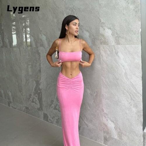 Lygens 2021 Summer Women Pure Color 2 Pieces Strap Crop Top Ruched Midi Skirt Set Bodycon Sexy Elegant Party Holiday Outfit