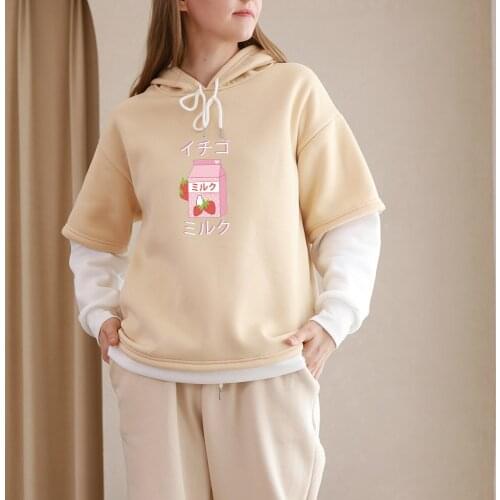 Kawaii Harajuku Hooded Strawberry Milk Hoodie Sweatshirt Women Hoodies Color Block Long Sleeve Sweetshirt Streetwear Female Tops