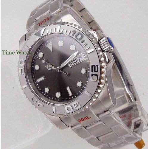 Sapphire Mens Automatic Watch Japan NH36 Movement Sterile Gray Face Week Date Display 904L Band Glide Lock Rotating Bezel