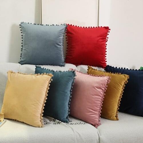Soft Velvet Fabric Cushion Covers with Fluffy Balls Decorative Waist Pillow Case for Living Room Sofa Office Bed Home Decor