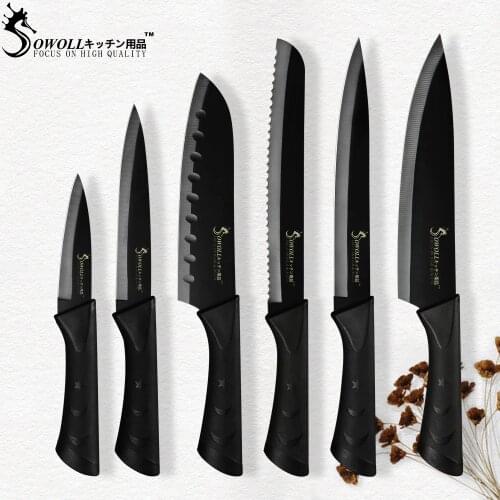 Sowoll Stainless Steel Kitchen Knives Set Whole Black Knife With ABS Handle Chef Slicing Bread Santoku Utility Paring Knife