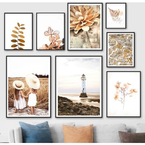Lighthouse Girl Straw Plant Leaf Flower Wall Art Canvas Painting Nordic Posters And Prints Wall Pictures For Living Room Decor