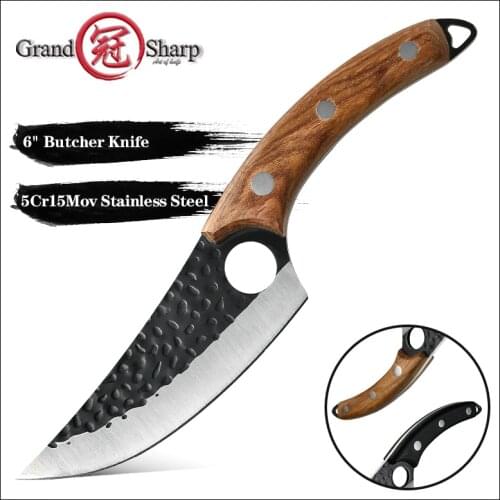 Grandsharp 6 Inch Chef Knife Stainless Steel Butcher Boning Knife with Solid Wood Handle Kitchen Cutting Camping Cooking Tools