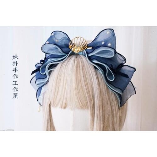 Japanese lolita Gradient shell KC Bowknot hair hoop Yarn weaving Style lolita headdress Handmade hair accessories Cosplay