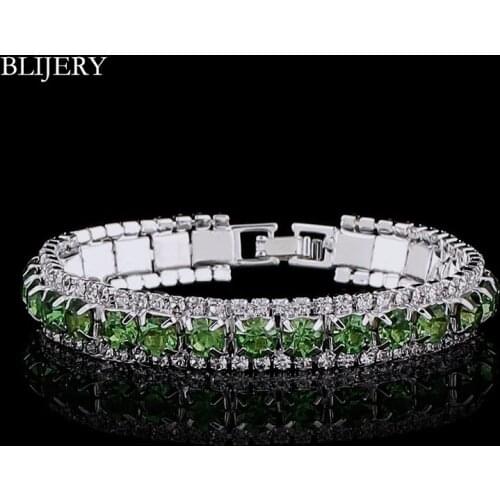BLIJERY Charming Green Crystal Bracelets For Women Silver Plated Rhinestone Chain Link Bracelets & Bangles Femme Wedding Jewelry