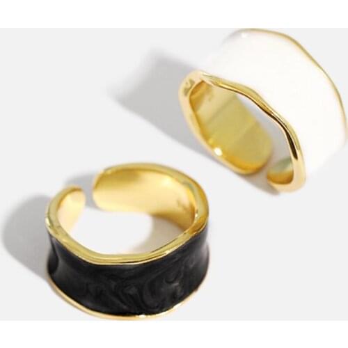 Sole Memory Black White Drip Glaze Wave Geometry 925 Sterling Silver Male Female Resizable Opening Rings SRI665