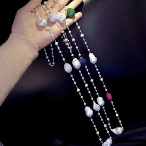 Baroque natural long fresh water pearl necklace white color multi color 36 inch 925 sterling silver with cubic zircon fashion