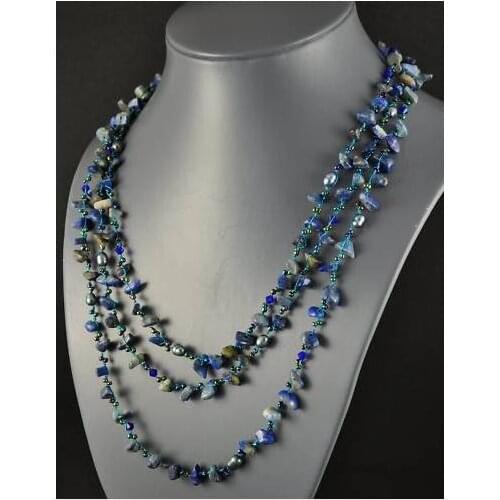 New Unique Gemstones Jewelry Blue Color Hand Knotted Lapis Chio Freshwater Pearl Necklace 65inches Long Fine Jewelry Women Gift
