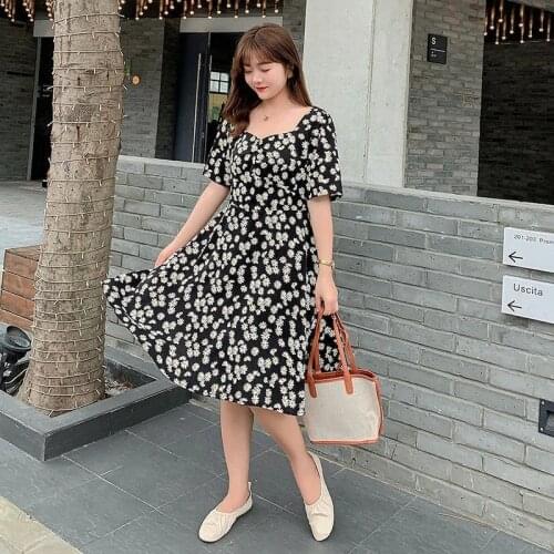 Fashion Little Daisy Floral short sleeve Chiffon dress Women Chic Korean Unlined big size dresses ladies 2021 new spring clothes