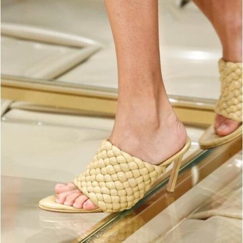 Dipsloot Woman Runway White Nude Knitting Weave Sandals High Heel Party Shoes Open Toe Apricot Slides Summer Beach Slippers