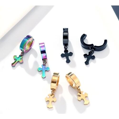Trend Fashion 1pair Mens Women Stainless Steel Punk Hoop Earrings Cross Huggie Earrings Circle Simple Ear Buckle clip earrings
