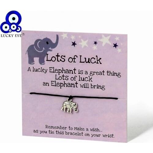 Lucky Eye Alloy Elephant Charm Wish Card Bracelet Braided Rope Chain Adjustable Bracelet for Women Men Fashion Jewelry CN297