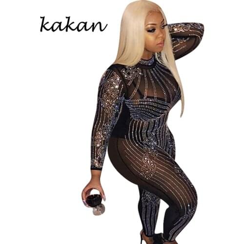 Kakan 2019 summer new womens hot drilling body tights sexy mesh jumpsuit white black bodysuit without belt
