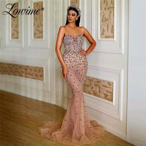 Pink Mermaid Evening Dresses Princess Long Party Gowns 2020 Abiye Gece Elbisesi Beading Crystals Pageant Prom Dresses Vestidos