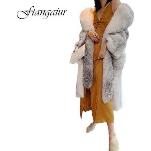 Ftangaiur 2019 Winter Import Cross marten Mink Fur Coat With Fox Fur Collar Natural Fur Coats Womens X-Long Real Mink Fur Coats