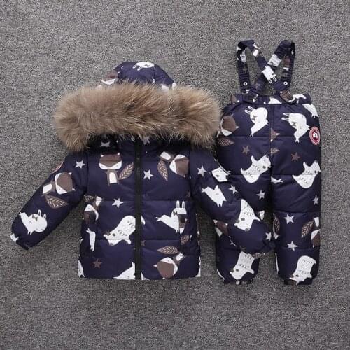Winter Warm Children Kids Clothing 2 Piece Sets Cartoon Printed Faux Fur Hooded Down Jackets+Bib Pants Infant Outfits 2-4T