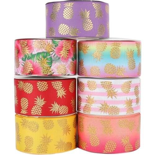 HSDRibbon 75mm 3inch gold laser foil pineapple on heat transfer Grosgrain Ribbon