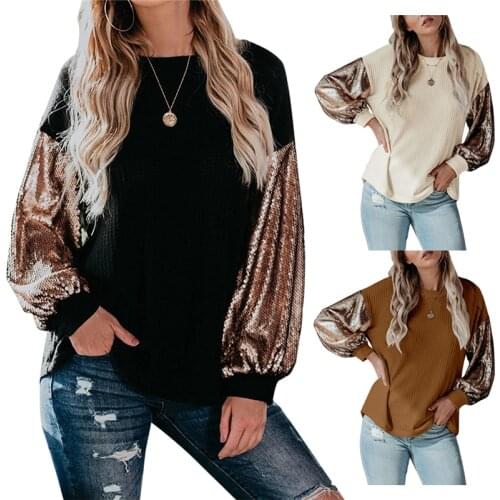 2020 Women´s Clothes Long Sleeves Patchwork Sequin Streewear Loose Top Crew Neck Cuff Closing Informal Hoodies 3 Colors
