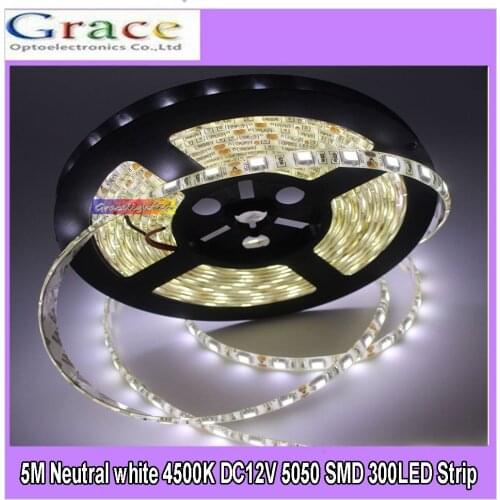 5M Neutral white 4500K DC12V 5050 SMD 300LED Strip light flexible 60led/m IP65