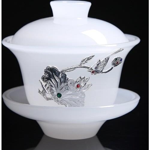 150ml Tea Bowl White Jade Porcelain Gaiwan Tea Set Chinese Kung Fu Teaware Beautiful Cups with Silver Decor Tea Tureen Crafts