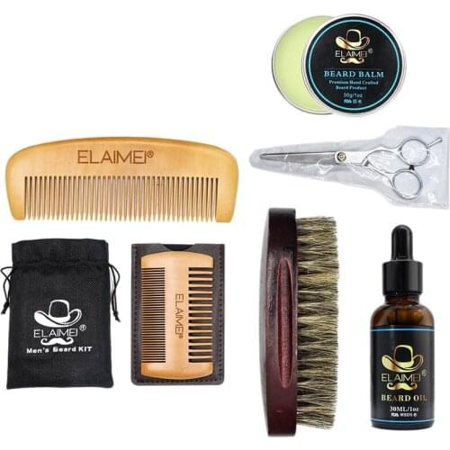 ELAIMEI 6PCS/Lot Beard Care Tool Set Beard Comb Bristle Brush Scissors Beard Cream Oil Moisturizing Wax Beard Care Set