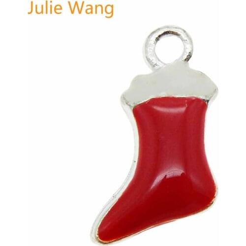 Jules Wang 8pcs Red Enamel Alloy Christmas Sock Charms Necklace Bracelet Earrings Jewelry Making Accessory Gift Xmas Decoration