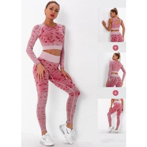 Seamless Yoga Set Sport Outfits Women 2/3pcs Camouflage Wine Red Long Sleeve Crop Top Leggings Workout Wear Gym Suit Fitness Set