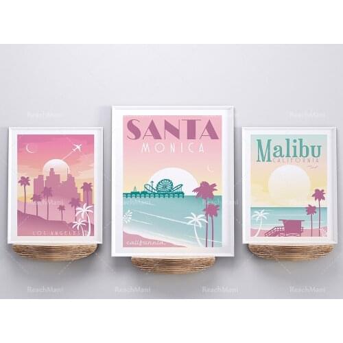 Colorful vintage wall art set of 3 travel prints, pink and purple beach prints, Santa Monica Pier poster, California wall art de