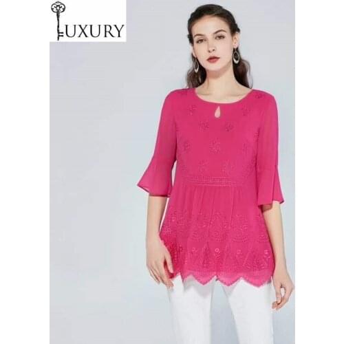 Summer XXXXL Fashion 2020 Blouses Women Exquisite Embroidery 3/4 Sleeve Elegant Rose Red Black Long Vintage Tops Female