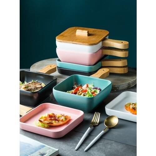 Ceramic Handle Bowl Steak Plate With Wooden Handle Big Pizza Dish Noodle Soup Deep Bowl High Capacity Home Tableware Porcelain