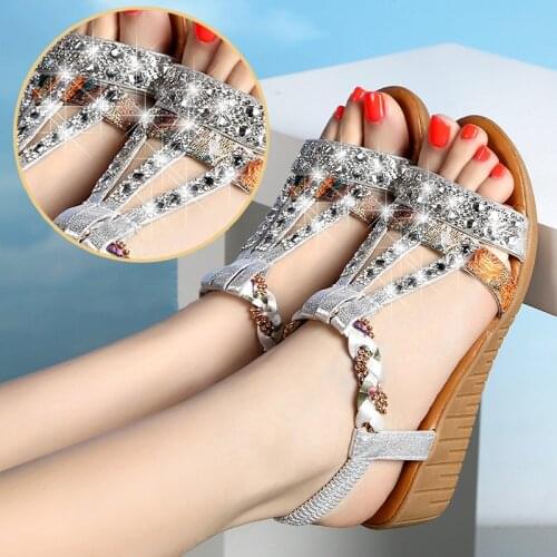 Fashion Women Shoes Rhinestone Wedge Sandals 2021 New Casual Women Sandals Summer Beach Sandals Flat Sandals Peep Toe Boho Shoes