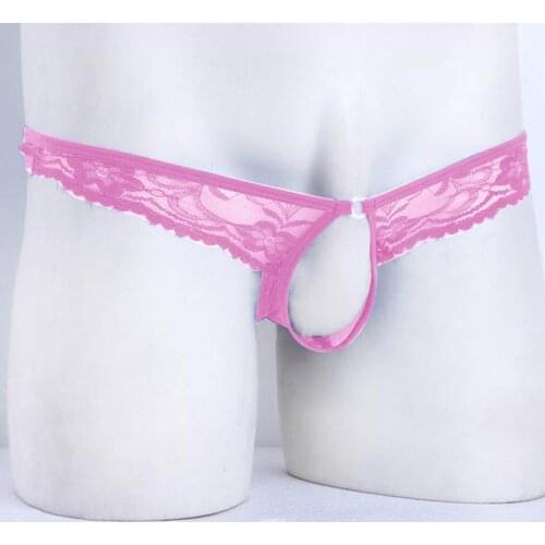 Mens Thong With A Hole See-through Briefs Hollow Out Bikini Underwear Open Crotch Floral Lace Mesh For Party Club Night Sissy