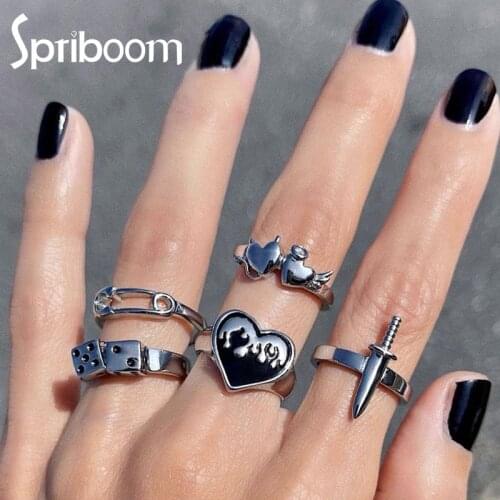 5Pcs/set Punk Rings Set for Women Love Heart Paper Clip Sword Dice Vintage Silver Color Ring Personality Jewelry Female Gift