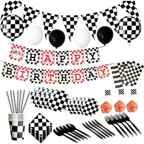 Black White Racing Car Party Deco Servies Chess Disposable tableware Set Checkered Flag Party Supplies Baby Shower Deco for Kids