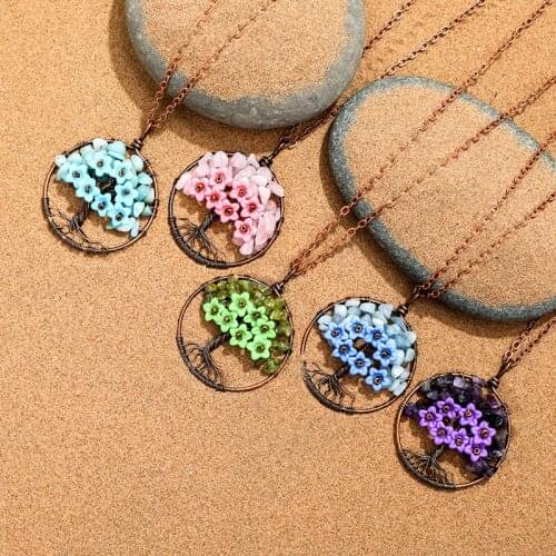 2019 New Tree of Life Flower Charms Pendant Necklaces for Women Girl Natural Quartz Druzy Pendant Necklaces Jewelry Accessories
