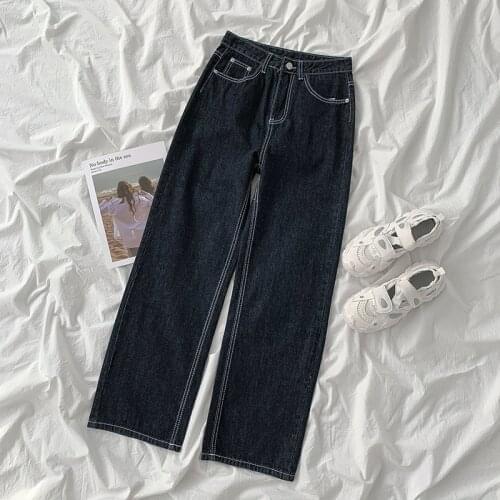 2021 New Womens Jeans Spring High Waist Trouser E Girl Vintage Streetwear Baggy Black Straight Pants For