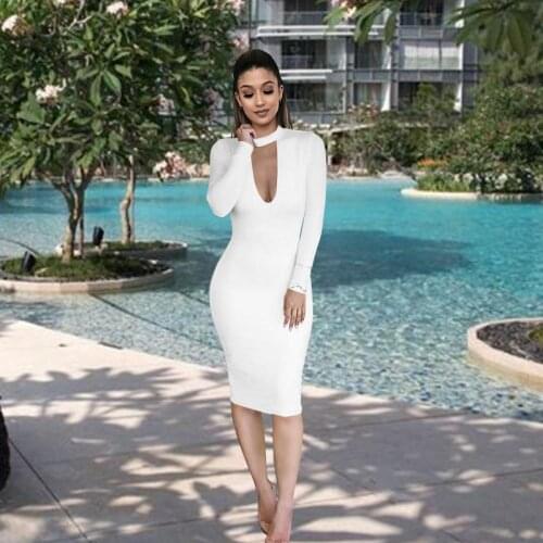 2021 Summer New Style V-Neck Long-Sleeved Dress European and American Sexy Slim Side Slit Skirt