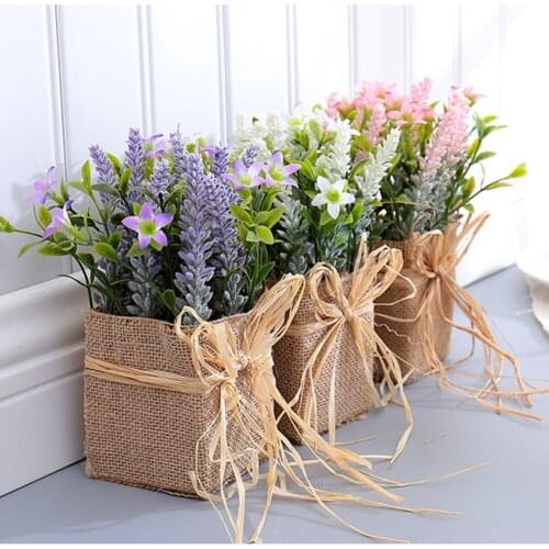 Plastic Potted Garden Style Artificial Floral Lavender Flower Silk Wedding Party Bouquet Home Decor with Pot