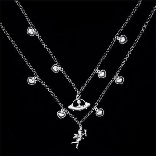 Origin Summer Hollow Heart Cupid Angel Pendant Necklaces for Women Silver Color Alien UPO Double Layers Chokers Necklace Jewelry